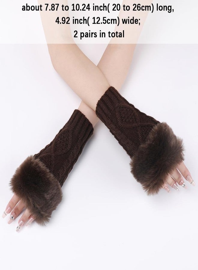 CABODYALS 2 Pairs Brown Knit Fingerless Gloves Winter Crochet Coffee Furry Arm Warm Sleeves Soft Fluffy Knitting Thumb Hole Faux Fur Hand Wrist Warmer Mittens for Women Typing Driving Activity Outings - Image 2